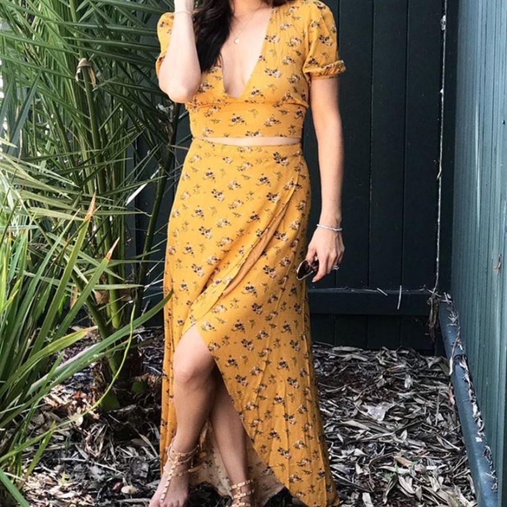 Two Piece Yellow Floral Skirt Set